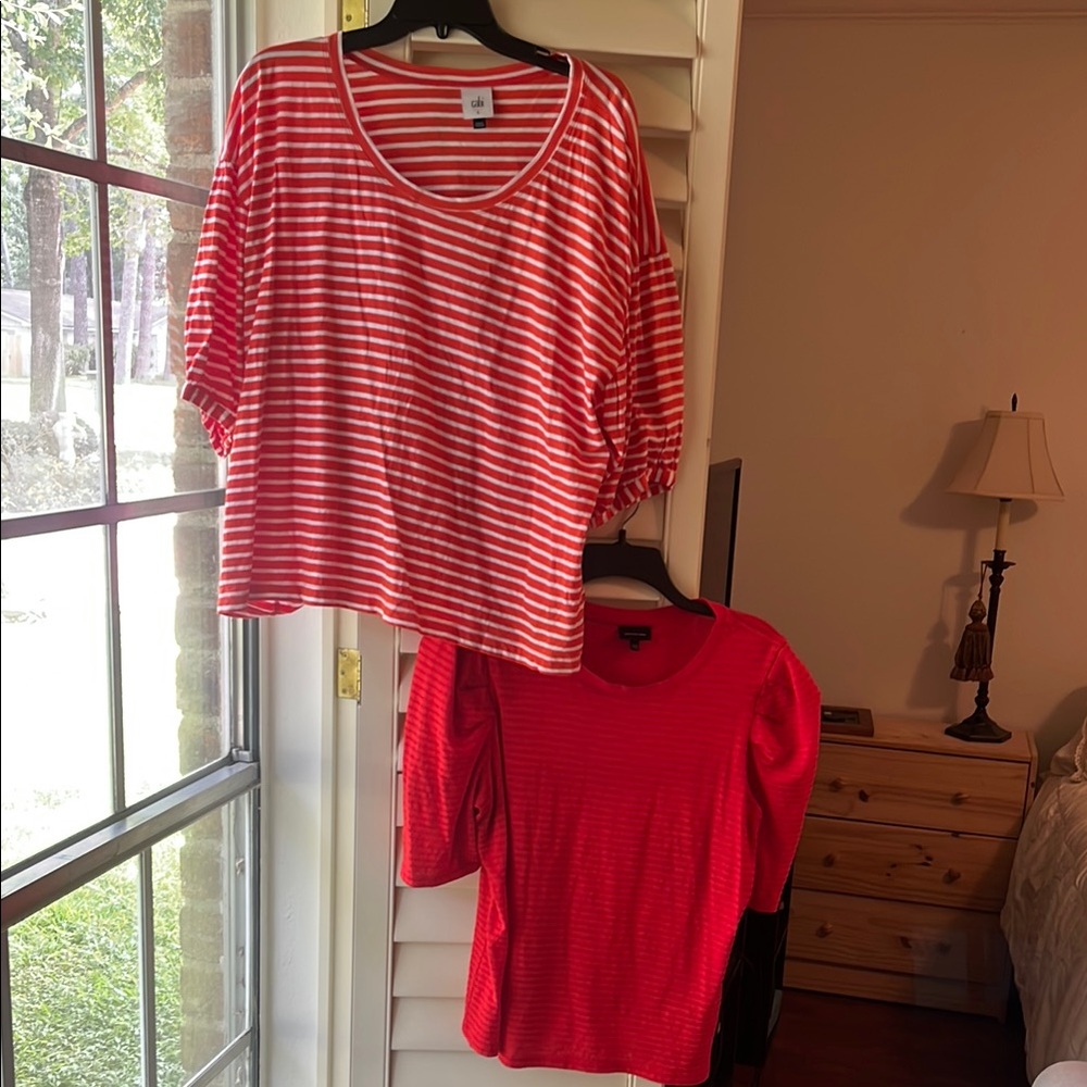 4/$25 SALE BUNDLED Lot of TWO Cabi red Statement Sleeve Striped Shirts Large XXL